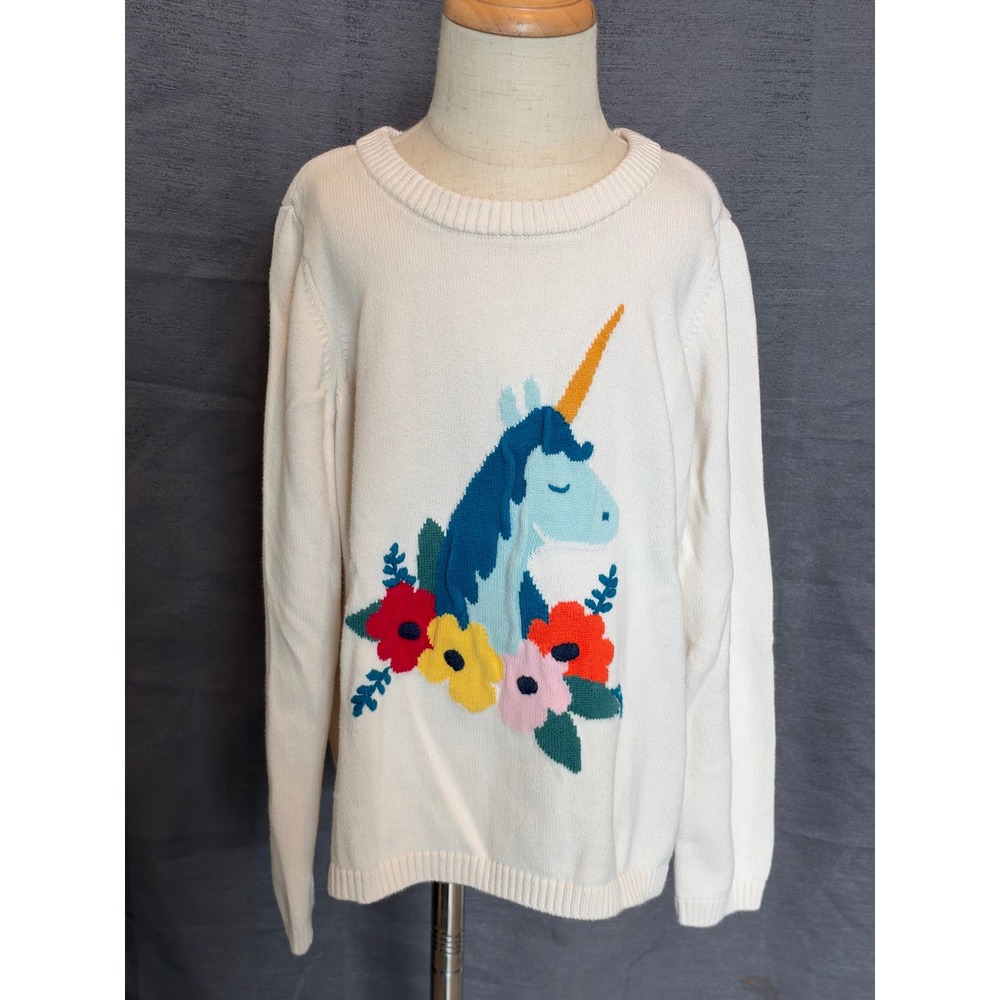 Hanna Andersson Girls Cream Unicorn Floral Intarsia Knit Sweater Size 120 US 6-7
